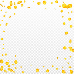 Swiss franc coins falling. Gold scattered CHF