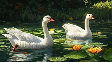 Obraz premium Two white swans gliding on a pond surrounded by water lilies and greenery.