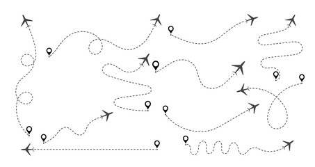 Plane timeine trail dashed line with pin. Path travel line shape. Flight route with start point and dash line trace for plane isolated vector illustration