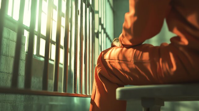 A solitary inmate sits in an orange jumpsuit, contemplating life behind bars, with sunlight streaming through prison bars.