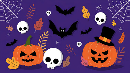 Orange pumpkins and white skulls on a purple background, Halloween celebration, spooky and fun. 
