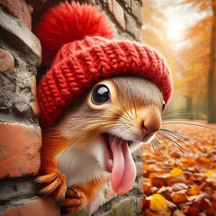 Naklejka premium squirrel in red hat, tongue out