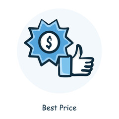 Vector icon for best price. Hand-drawn thumbs up with a price tag and dollar sign symbolizing affordable deals.