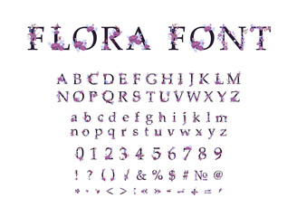 Collection of letters, numbers and punctuation decorated with flowers