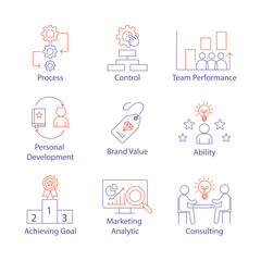 Vector icon set for business performance and development. Includes process control, team consulting, brand value, personal growth, and marketing analytics.