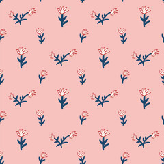 Flowers pink seamless pattern. Simple floral endless background. Stylized wildflower repeat cover. Vector hand drawn flat illustration.
