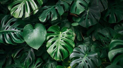 Fototapeta premium Close-up of green tropical leaves with a variety of shapes and sizes.