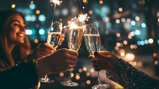 Three friends celebrating the New Year's Eve, clinking champagne glasses - Powered by Adobe