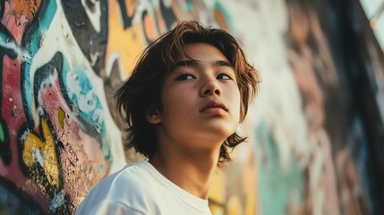 A young person poses thoughtfully against a vibrant graffiti backdrop, capturing a moment of urban...