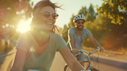 A young woman smiles as she bikes with a male friend on a sunny day.