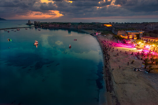 Aerial drone view of Methoni harbor with methoni castle as a background   in Messinia, Greece