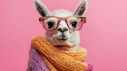 Fototapeta premium A cute llama wearing glasses and a colorful scarf on a pink background.