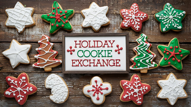 Festive Christmas cookies decorated with red and green icing for a holiday cookie exchange. 

