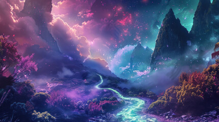 Obraz premium A winding holographic path that leads to a forgotten, untouched paradise hidden in another dimension