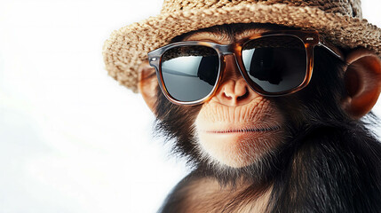 Close-up of a cool chimp wearing sunglasses and a hat.