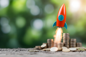 Rocket Launching from Coin Stack Symbolizing Financial Growth
