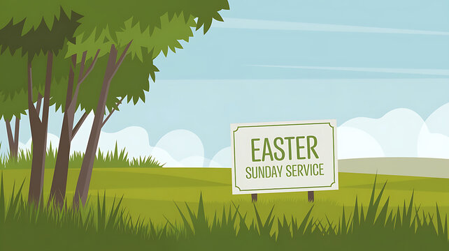 Green trees and a sign announcing Easter Sunday Service in a flat style. 
