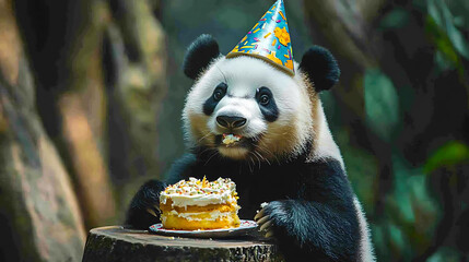 Obraz premium A panda bear wearing a birthday hat eats a slice of cake.