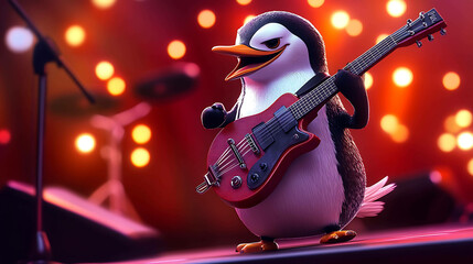 Obraz premium A cartoon penguin in a concert setting is playing a red electric guitar.