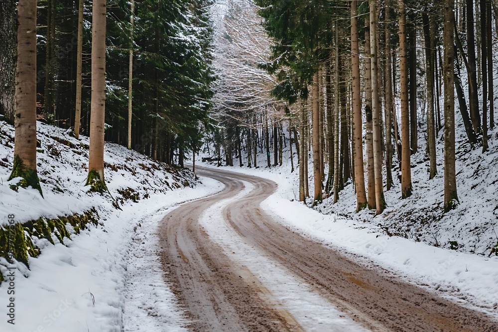 Sticker Winding Snow Covered Road through Forest in Winter