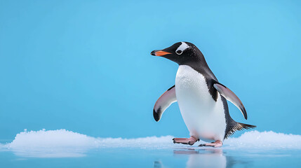 Obraz premium A penguin walks across a small patch of snow on a blue background.