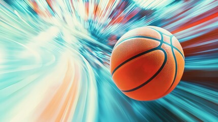 Obraz premium Dynamic basketball in motion, showcasing speed and energy against a vibrant, abstract background. Perfect for sports themes.