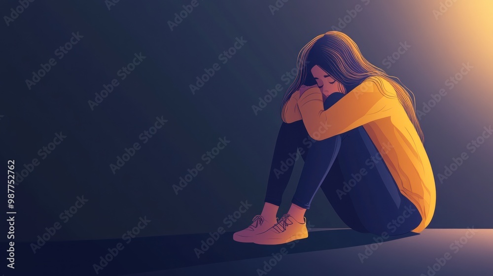 Wall mural expression cartoon illustration of a woman sitting because of stress sadness depression because of l