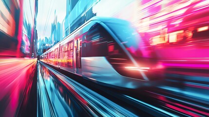 Fototapeta premium Dynamic motion blur of a modern train speeding through a vibrant cityscape, showcasing urban energy and technological advancement.