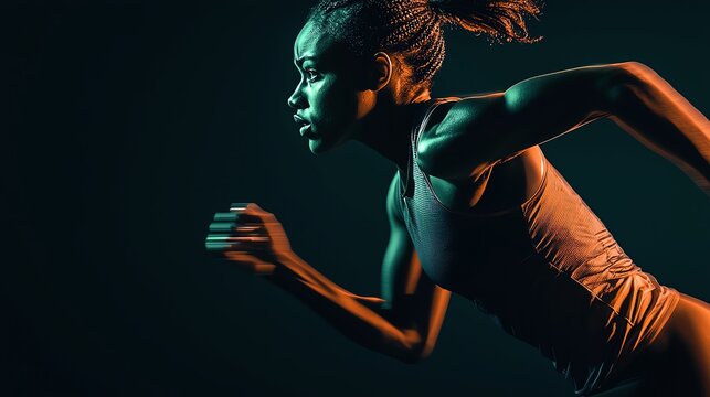 Dynamic runner in motion, showcasing strength and athleticism against a dramatic backdrop. Perfect for fitness and sports themes.