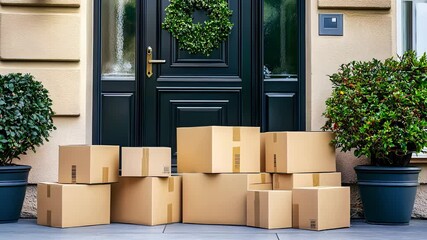 Stack of cardboard delivery boxes at residential doorstep, online shopping packages for home delivery during holiday season