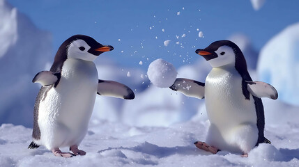 Obraz premium Two penguins playing with a snowball.