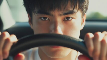 Focused young driver grips steering wheel, showcasing determination and concentration on the road ahead.