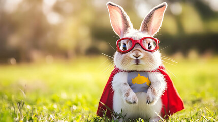 A cute bunny rabbit wearing red glasses and a superhero cape stands on the green grass.