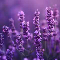 Close-up of purple lavender flowers in bloom with a soft, blurred background.