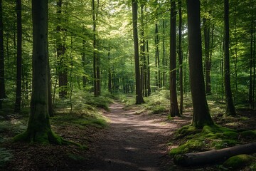 Fototapeta premium Sunbeams through lush green forest trees creating dappled light on a path