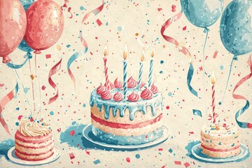Nostalgic vintage birthday design with streamers, confetti, balloons, and cakes.