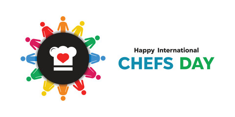 Happy International Chefs Day. Chef hat, people and heart. Great for cards, banners, posters, social media and more. White background.