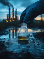 Handling gloves collect a wastewater sample into a flask or test tube for laboratory water analysis, emphasizing industrial and environmental concepts. 