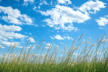 Obraz premium Tall grass blowing in the wind against blue sky with white clouds