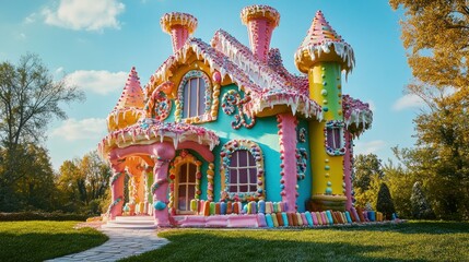 Obraz premium A whimsical candy-coated gingerbread house stands in a lush green garden.
