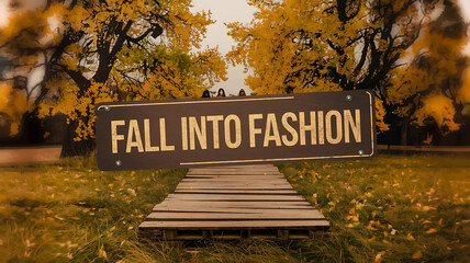 Autumn leaves and a wooden path lead to a sign that reads Fall into Fashion,  evoking a sense of cozy style and seasonal change. 
