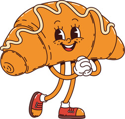Croissant retro groovy breakfast character. Isolated cartoon vector funky fresh bakery personage with crunchy texture and friendly smile, bringing nostalgic and psychedelic vibes to morning food © Buch&Bee