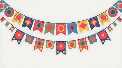 Colorful geometric patterned bunting flags for festive celebrations and party decorations. 
