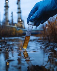 Handling gloves collect a wastewater sample into a flask or test tube for laboratory water analysis, emphasizing industrial and environmental concepts. 