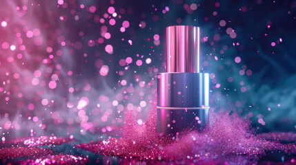 Beauty product mockup where the packaging is surrounded by floating, holographic particles that create dynamic light patterns around the product