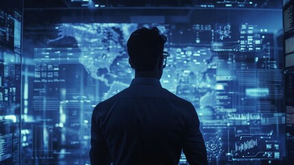Silhouetted Figure Observing Digital Data and a World Map on a Large Screen