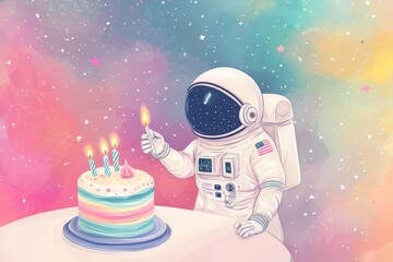 Pastel-colored birthday party illustration featuring a cake and astronaut