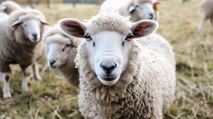 Obraz premium Sheep animals are seen in the backdrop standing and munching on the farm