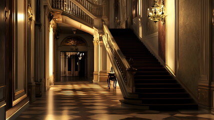 Fototapeta premium Elegant Ornate Staircase Luxurious Hallway Soft Lighting Classic Architecture