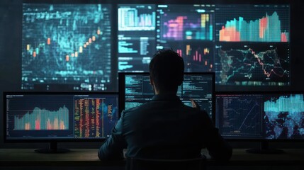 A person sitting in front of multiple computer screens with data visualizations.